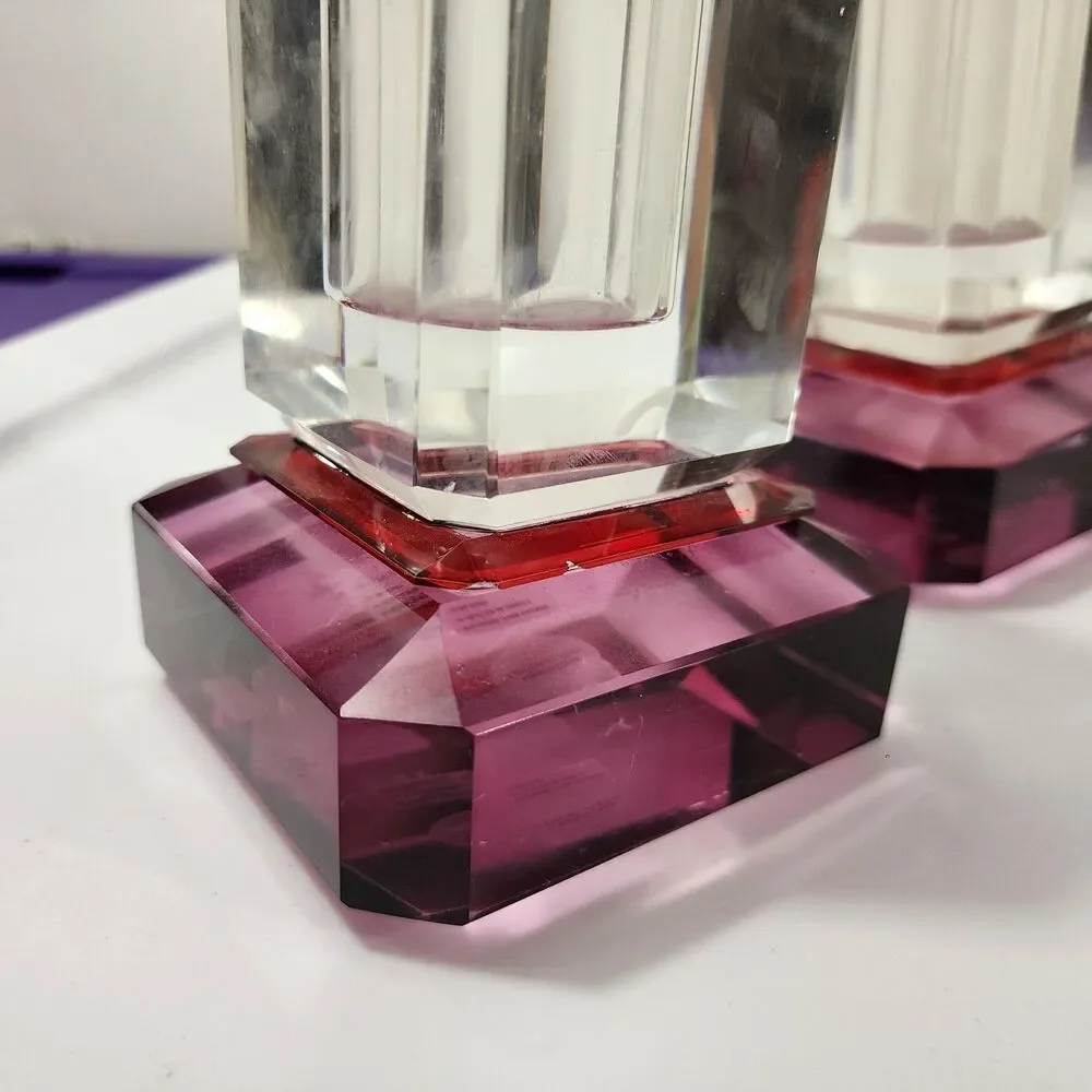 Anthropologie Crystal Cut Glass Vase Clear Pink 2Pc Set Stacked Footed Square